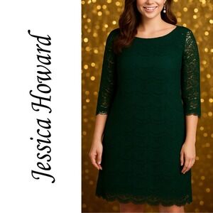 Jessica‎ Howard, Emerald Green Lace Dress 3/4 Sleeve Boat Neck Size 14